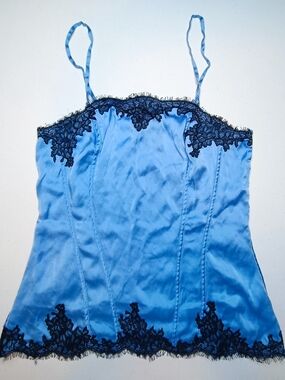 WHBM Vintage Y2K Azure Blue Stretch Silk Black Lace Cami Top XS
